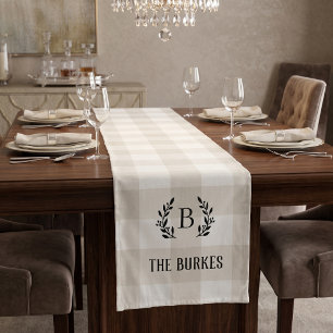 Farmhouse Beige Buffalo Check Family Monogram Short Table Runner
