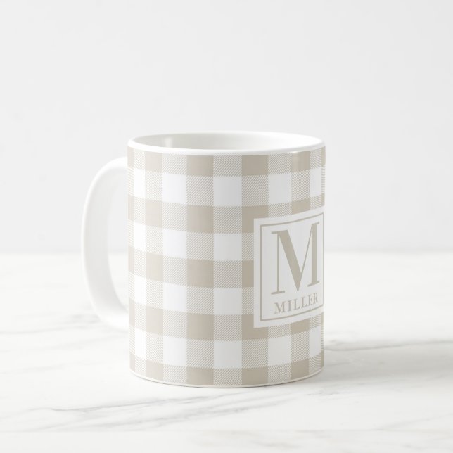 Farmhouse Beige Buffalo Check Family Name Monogram Coffee Mug (Front Left)