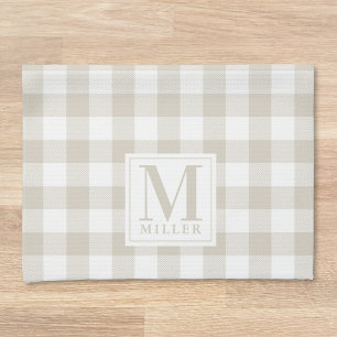 Farmhouse Beige Buffalo Check Family Name Monogram Kitchen Towel