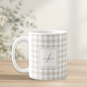 Farmhouse Beige Buffalo Plaid Monogram Coffee Mug