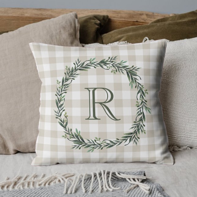 Farmhouse Beige Buffalo Plaid Wreath Initial Throw Pillow (Creator Uploaded)