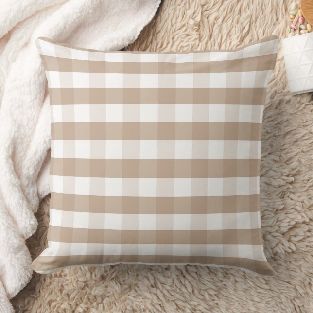 Farmhouse Beige Gingham Check Plaid Throw Pillow (Blanket)