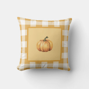 Farmhouse Beige Plaid Pumpkin Fall Decor Throw Pillow
