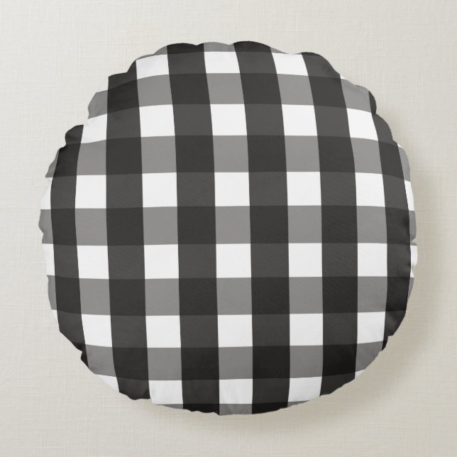 FARMHOUSE BLACK AND WHITE GINGHAM CHECK ROUND PILLOW (Front)