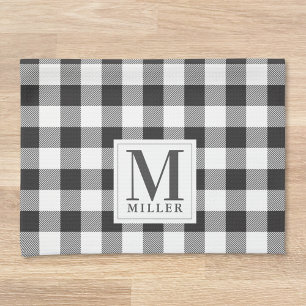 Farmhouse Black Buffalo Check Family Name Monogram Kitchen Towel