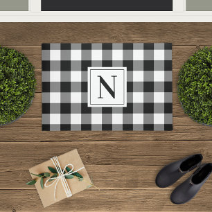 Farmhouse Black Buffalo Check Monogram Doormat