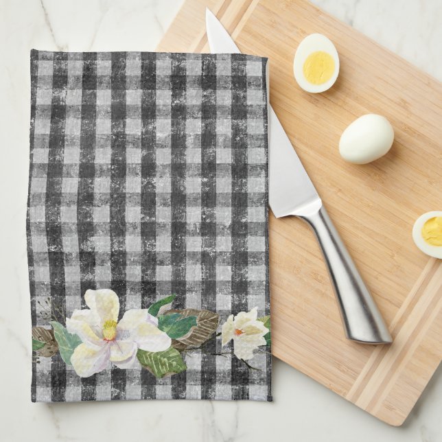 Farmhouse Black Check Rustic White Magnolia Leaves Kitchen Towel (Quarter Fold)