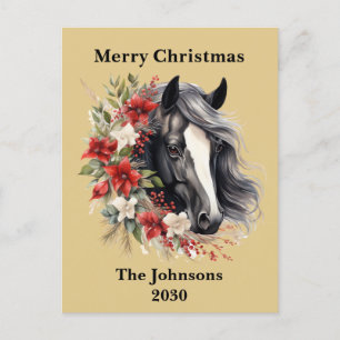 Farmhouse Black Christmas Horse Wreath Poinsettia Holiday Postcard