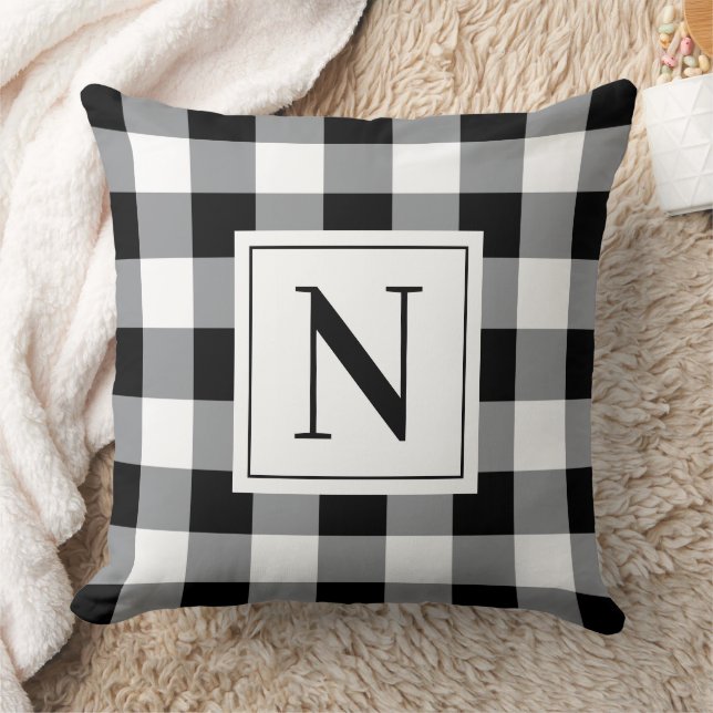 Farmhouse Black Gingham Check Plaid Monogram Throw Pillow (Blanket)