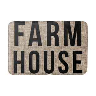 FARMHOUSE Black Lettering Rustic Burlap Sacking Bath Mat