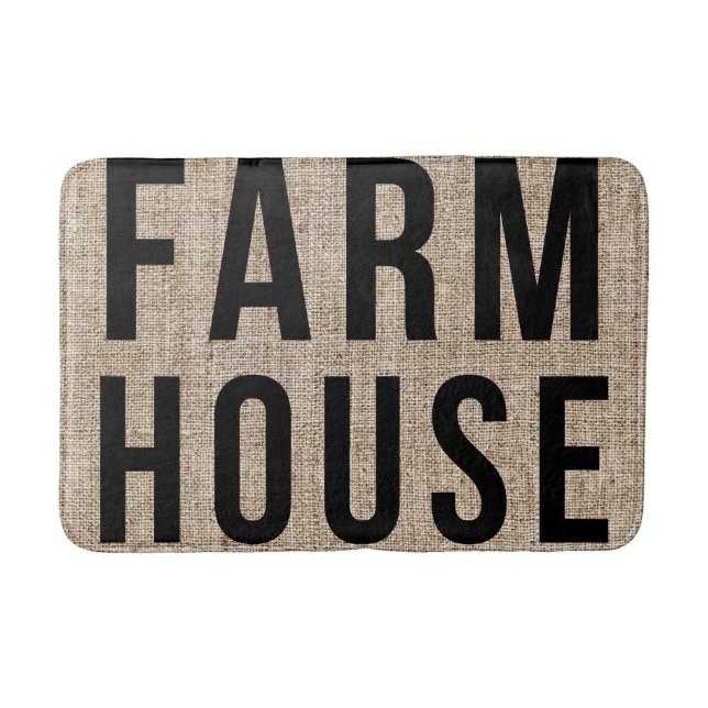 FARMHOUSE Black Lettering Rustic Burlap Sacking Bath Mat (Front)
