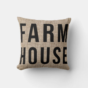 FARMHOUSE Black Lettering Rustic Burlap Sacking Throw Pillow