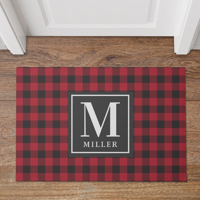 Farmhouse Black Red Buffalo Plaid Custom Monogram Doormat (Creator Uploaded)