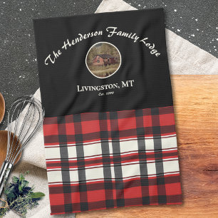 Farmhouse Black Red Buffalo Plaid Custom Photo Kitchen Towel