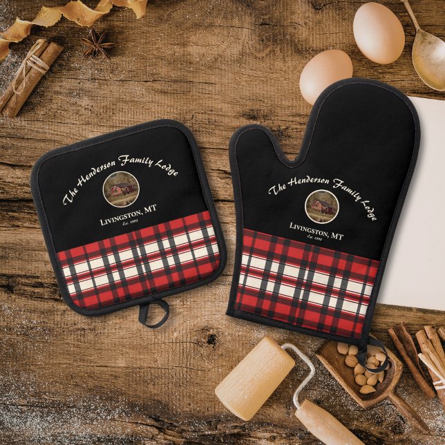 Farmhouse Black Red Buffalo Plaid Custom Photo Oven Mitt & Pot Holder Set (Creator Uploaded)