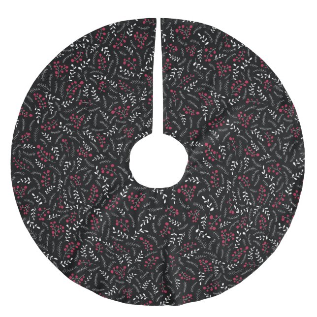 Farmhouse black red white rustic foliage pattern brushed polyester tree skirt (Front)