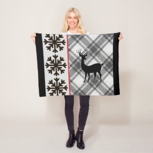 Farmhouse Black White Buffalo Plaid Deer Snowflake Fleece Blanket