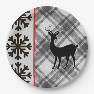 Farmhouse Black White Buffalo Plaid Deer Snowflake Paper Plate