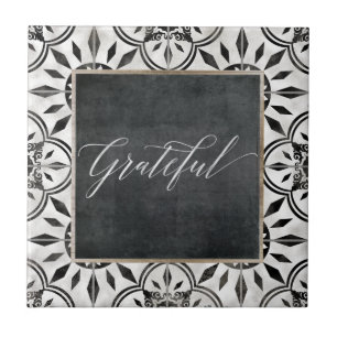 Farmhouse Black White Grateful Script Chalkboard Tile