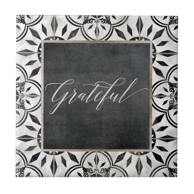 Farmhouse Black White Grateful Script Chalkboard Tile (Front)