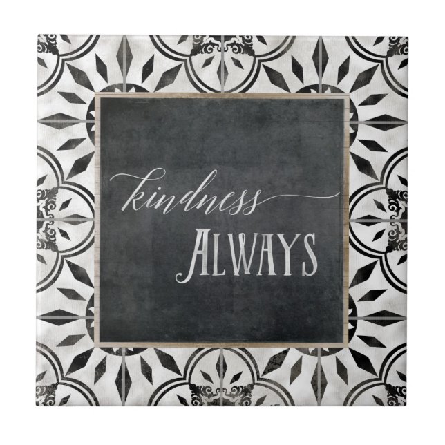 Farmhouse Black White Script Kindness Chalkboard Tile (Front)