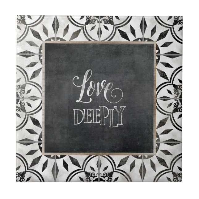 Farmhouse Black White Script Love Deeply Pattern Tile (Front)