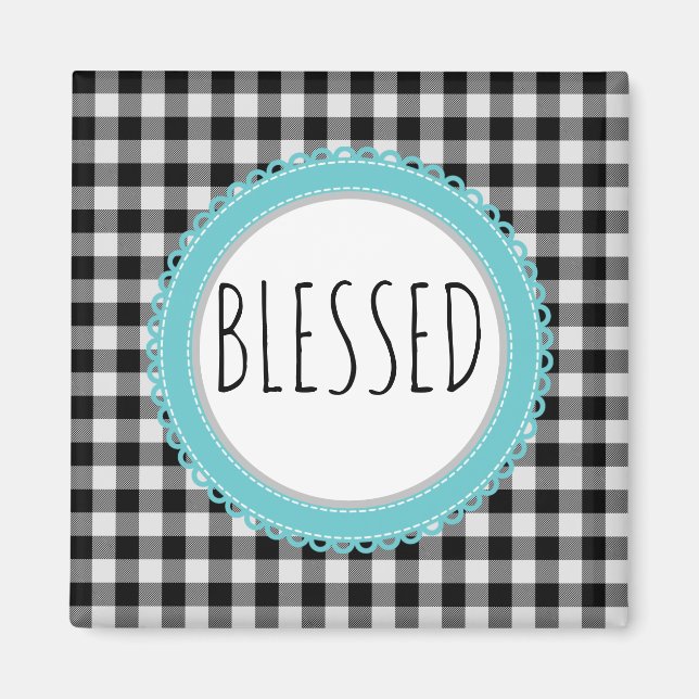 Farmhouse Blessed Black Buffalo Plaid & Teal Magnet (Front)