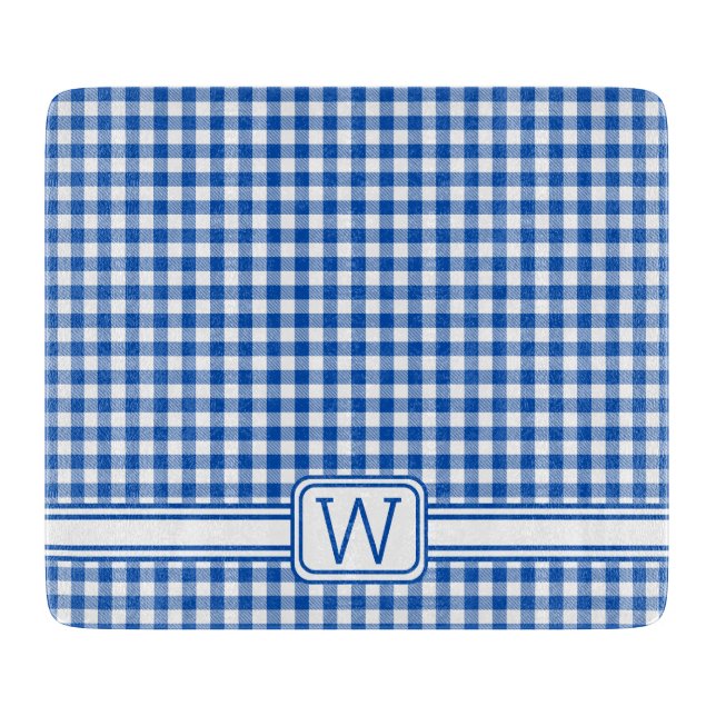 Farmhouse Blue and White Gingham Plaid Monogram Cutting Board (Front)