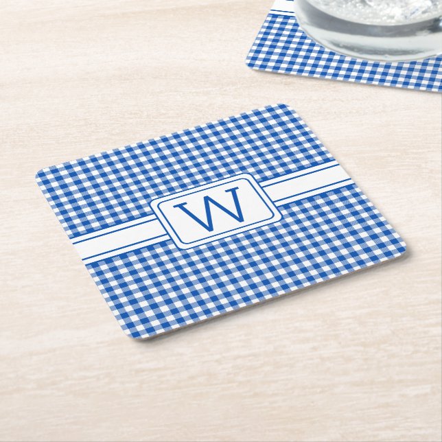 Farmhouse Blue and White Gingham Plaid Monogram Square Paper Coaster (Angled)