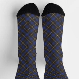 Farmhouse blue black gold diagonal plaid pattern socks