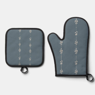 Farmhouse Blue Botanical Kitchen Oven Mitt & Pot Holder Set