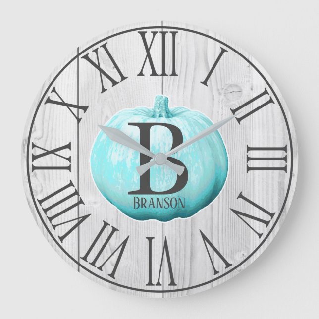 Farmhouse Blue Pumpkin & White Wood | Personalized Large Clock (Front)