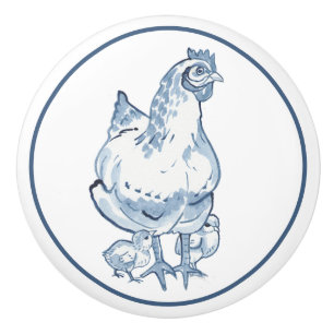 Farmhouse Blue & White Chicken Hen Chicks Delft Ceramic Knob