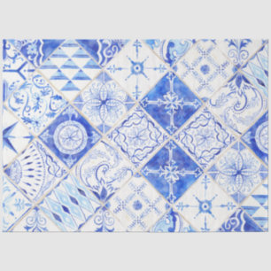Farmhouse Blue White Diamond Tile Wood Decoupage 2 Tissue Paper
