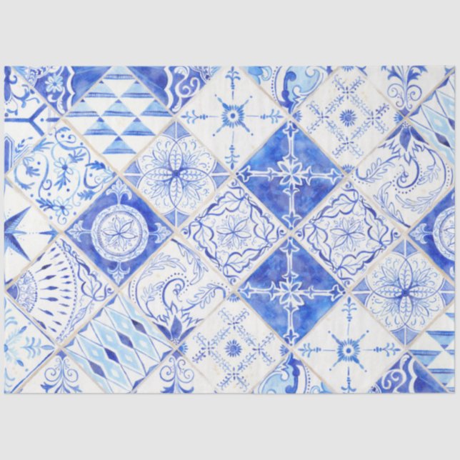 Farmhouse Blue White Diamond Tile Wood Decoupage 2 Tissue Paper (Front)