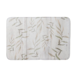 Farmhouse Botanical White Wood Blush Rustic Leaves Bath Mat
