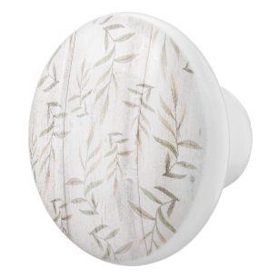 Farmhouse Botanical White Wood Blush Rustic Leaves Ceramic Knob