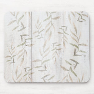 Farmhouse Botanical White Wood Blush Rustic Leaves Mouse Pad