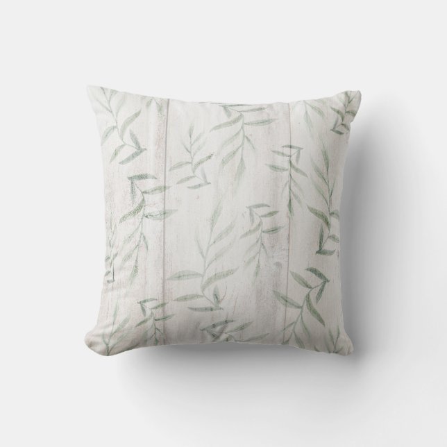 Farmhouse Botanical White Wood Rustic Leaves Throw Pillow (Front)