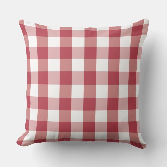 Farmhouse Buffalo Check Plaid Red White Accent Throw Pillow (Front)