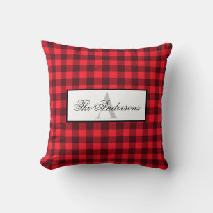 Farmhouse Buffalo Plaid Family Name & Monogram Throw Pillow