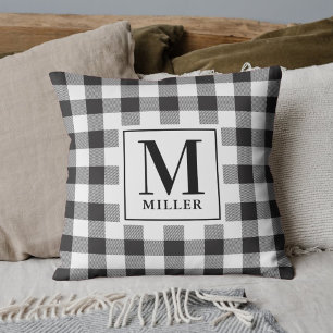 Farmhouse Buffalo Plaid Family Name Monogram Throw Pillow