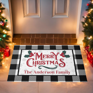 Farmhouse Buffalo Plaid Merry Christmas Custom Doormat