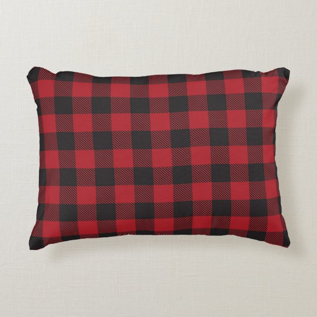 Farmhouse Buffalo Plaid Red and Black Accent Pillow (Front)