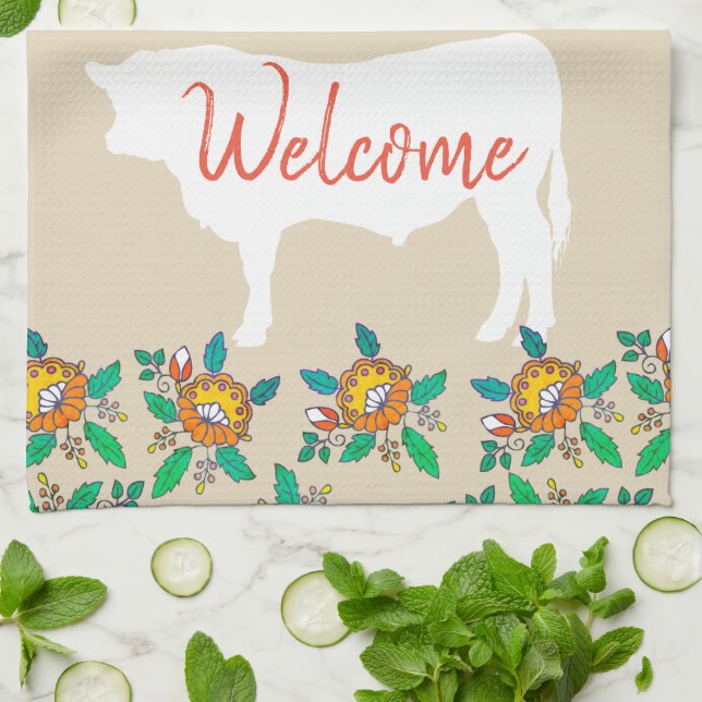 Farmhouse Bull Cow Silhouette & Country Flowers Kitchen Towel (Folded)