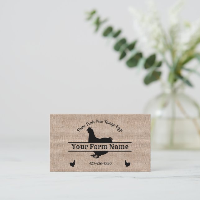 Farmhouse Burlap Chicken Split Monogram Egg Business Card (Standing Front)