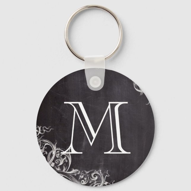 farmhouse chic flourish swirls chalkboard monogram keychain (Front)