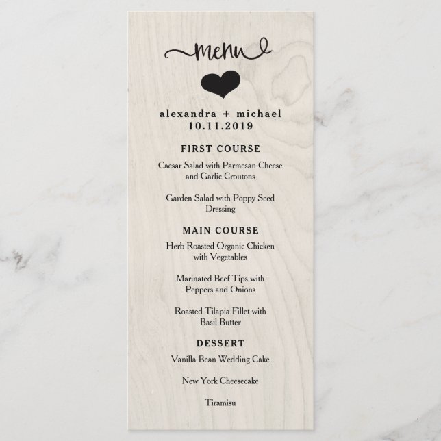 Farmhouse Chic | Menu Mariage Bois blanc et Coeur (Devant)