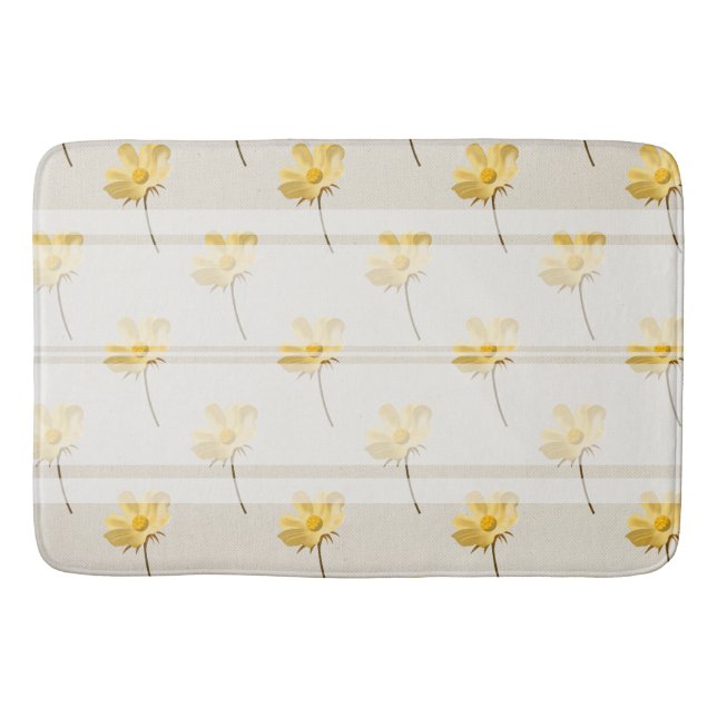 Farmhouse Chic Yellow Flowers & White Stripe Bath Mat (Front)