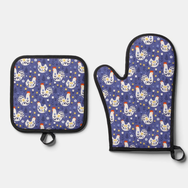 Farmhouse Chicken Floral Pattern Oven Mitt & Pot Holder Set (Front)